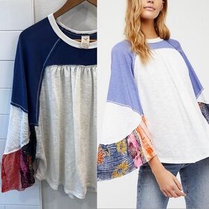 We the Free Friday Fever Top Free People Blue White multicolored sleeves NWT
